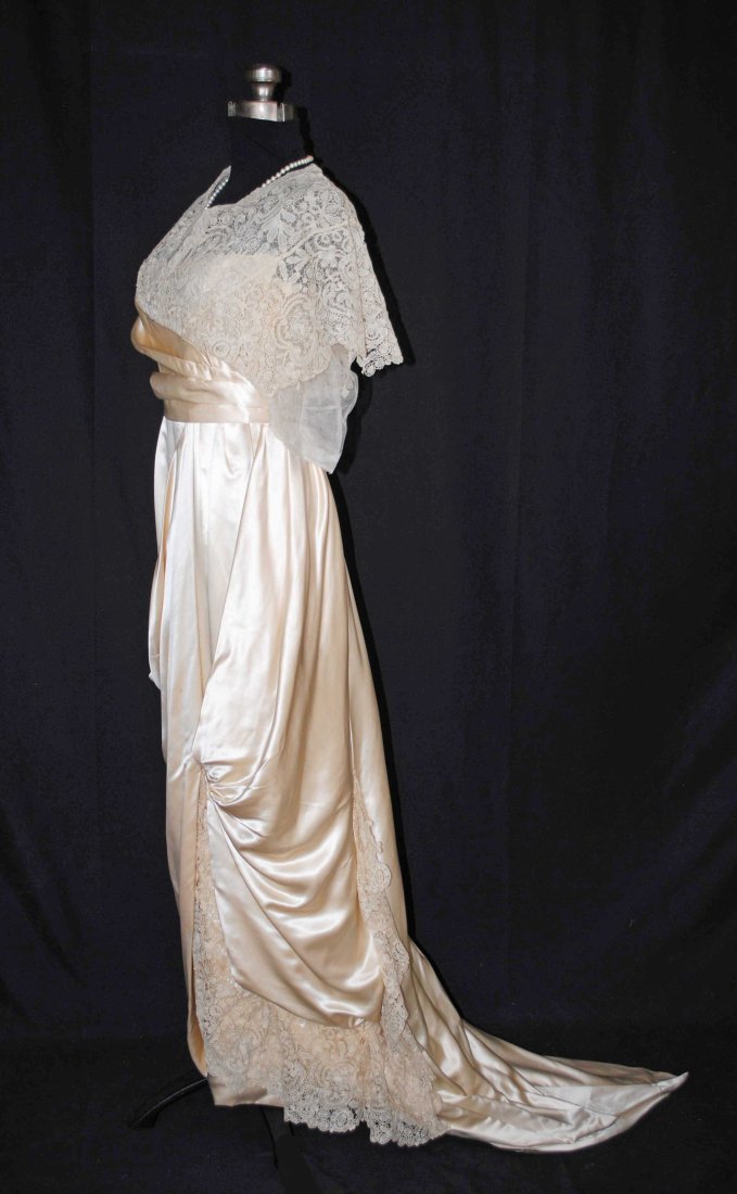 EDWARDIAN TRAINED SILK CHARMEUSE WEDDING GOWN WITH DUCHESSE LACE, LABEL:  HOPE & CO.  c1910 (1 of 18)