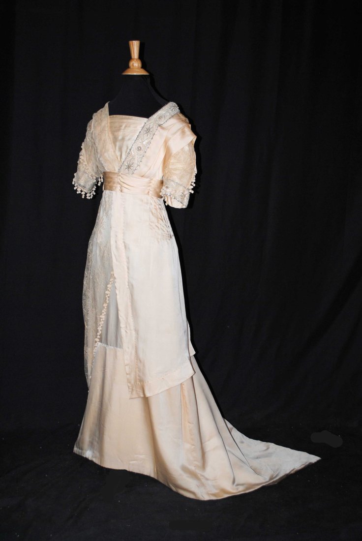 EDWARDIAN SILK SATIN BEADED WITH TAMBOUR LACE TRAINED EVENING GOWN, 1912, LABEL BERKELBACH (1 of 20)
