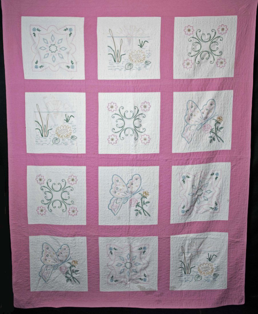 1940s FLORAL EMBROIDERED QUILT HAND SEWN AND QUILTED 83" X 64" (1 of 12)