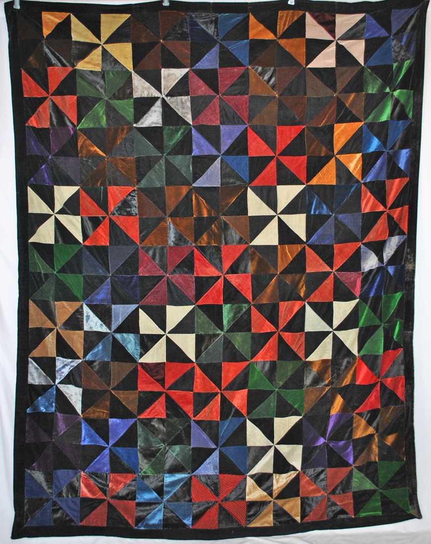 ELECTRIC FAN PATTERN VELVET TIED QUILT, 1930s (1 of 12)