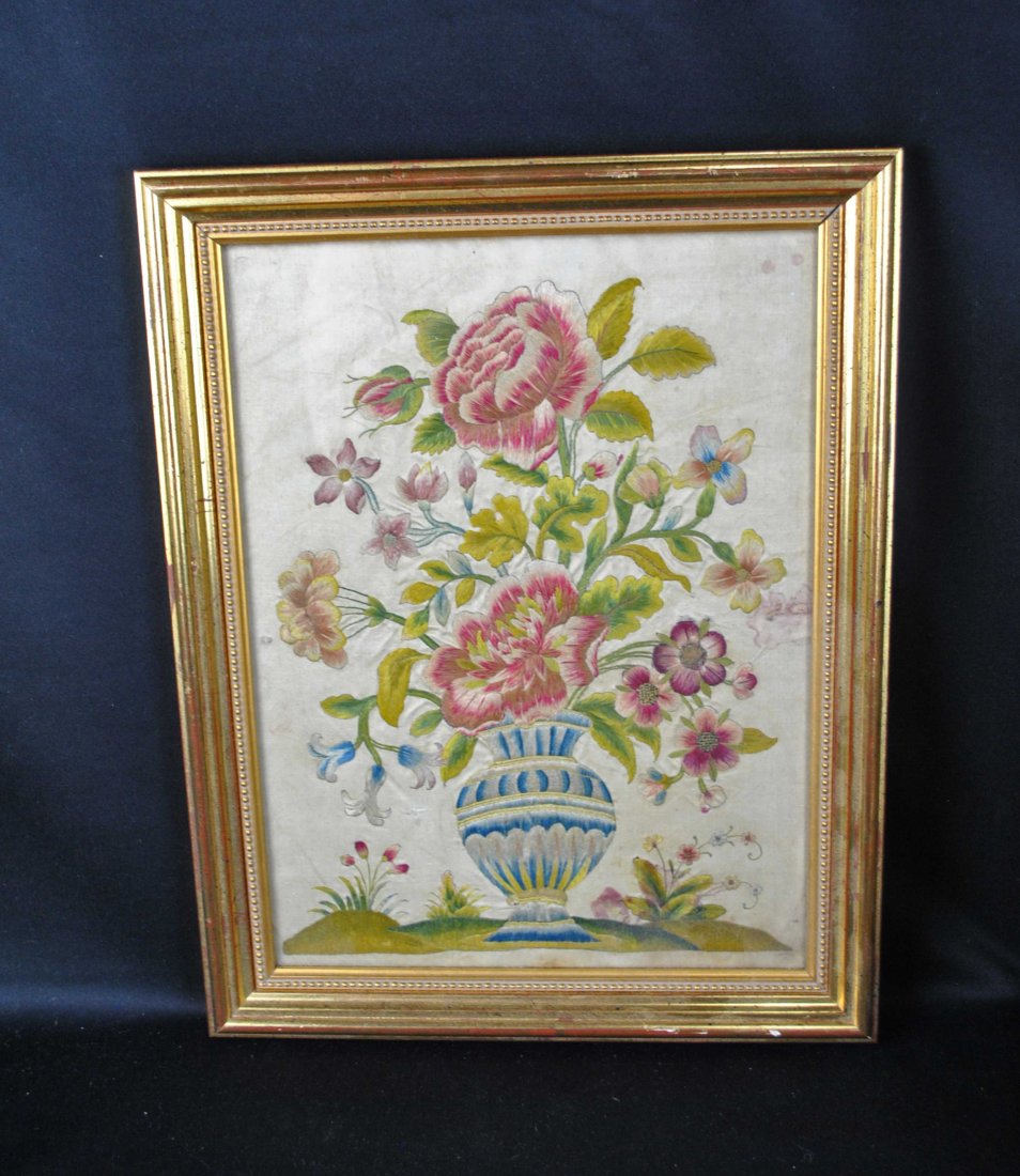 VICTORIAN ENGLISH FLORAL SILKWORK EMBROIDERY, MUSEUM QUALITY, c1840s (1 of 15)
