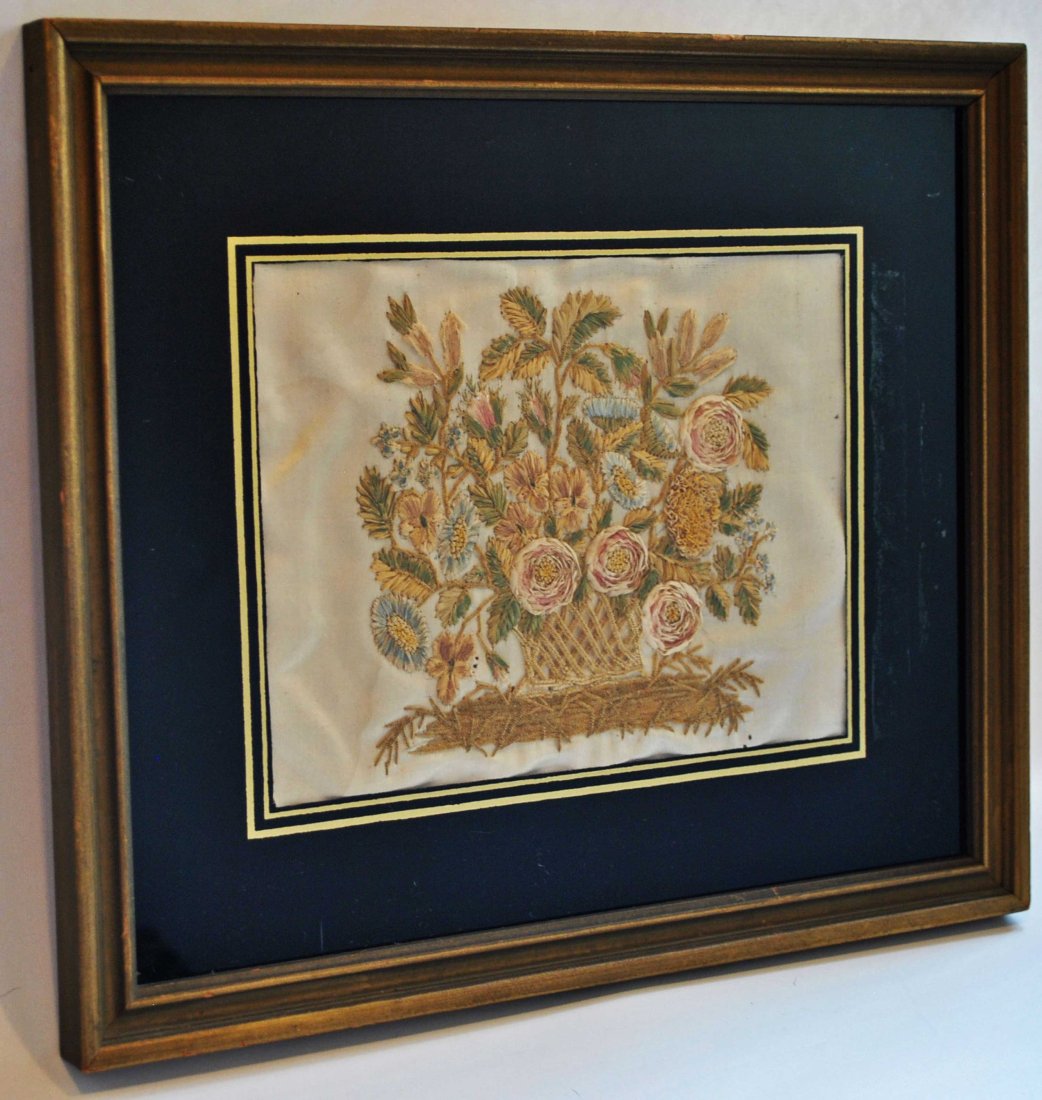 VICTORIAN FRENCH METALLIC MESH THREAD RIBBONWORK WITH EMBROIDERY ON SILK, MUSEUM QUALITY (1 of 14)