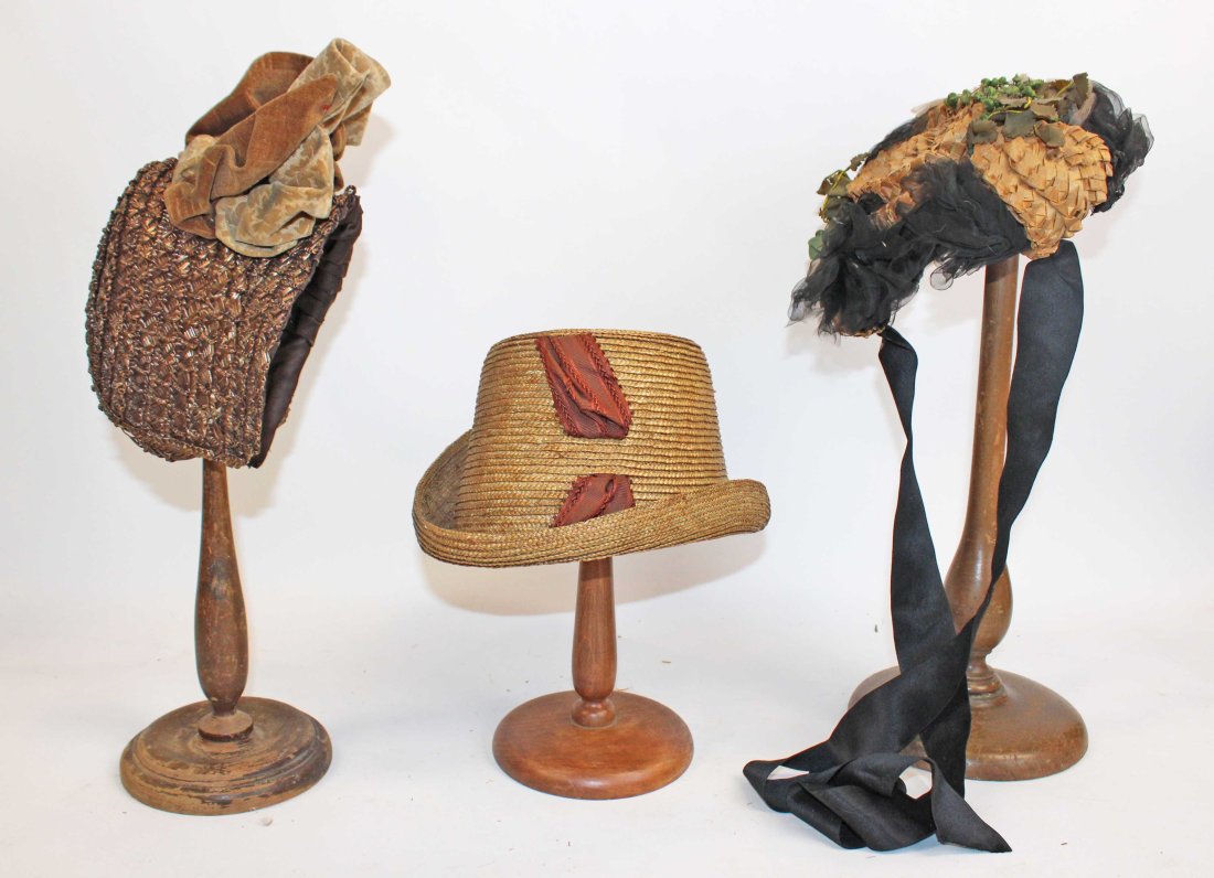 VICTORIAN LADIES WOVEN STRAW BONNET HATS, LOT OF 3, 1870 THRU 1880s (1 of 20)