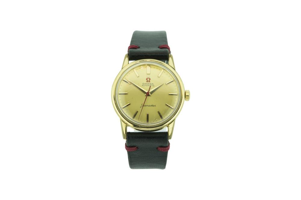 Omega Goldplated Seamaster | Omega Goldplated Seamaster: Omega Seamaster Automatic Goldplated with steel lid Diameter without crown: 33.64mm Leather strap Omega logo in red and second hand | Omega Seamaster Automatic Vergoldet mit Stahldeckel Durchmesser oh