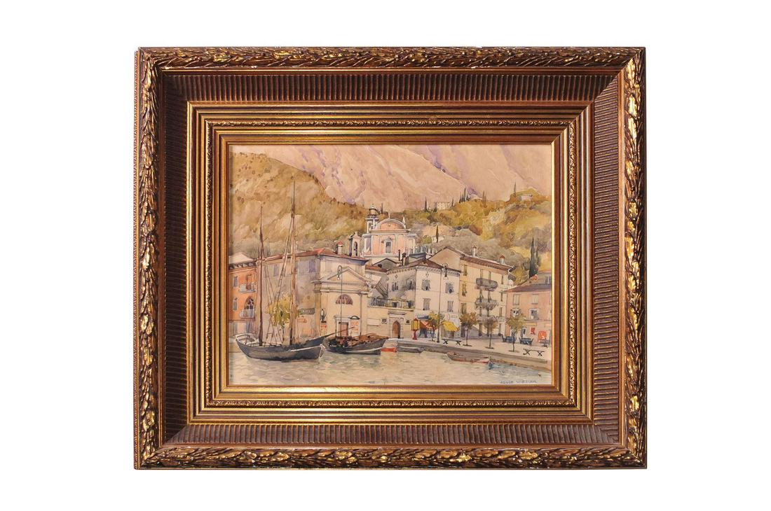 Adolf Wiesler (1878-1958) "View of Malcesine on Lake: Watercolor on paper, 29 x 38 cm, signed. Adolf Wiesler was an Austrian painter and graphic artist (1878 Graz to 1958 Vienna). | Aquarell auf Papier, 29 x 38 cm, signiert. Das Bild zeigt den Blick vom