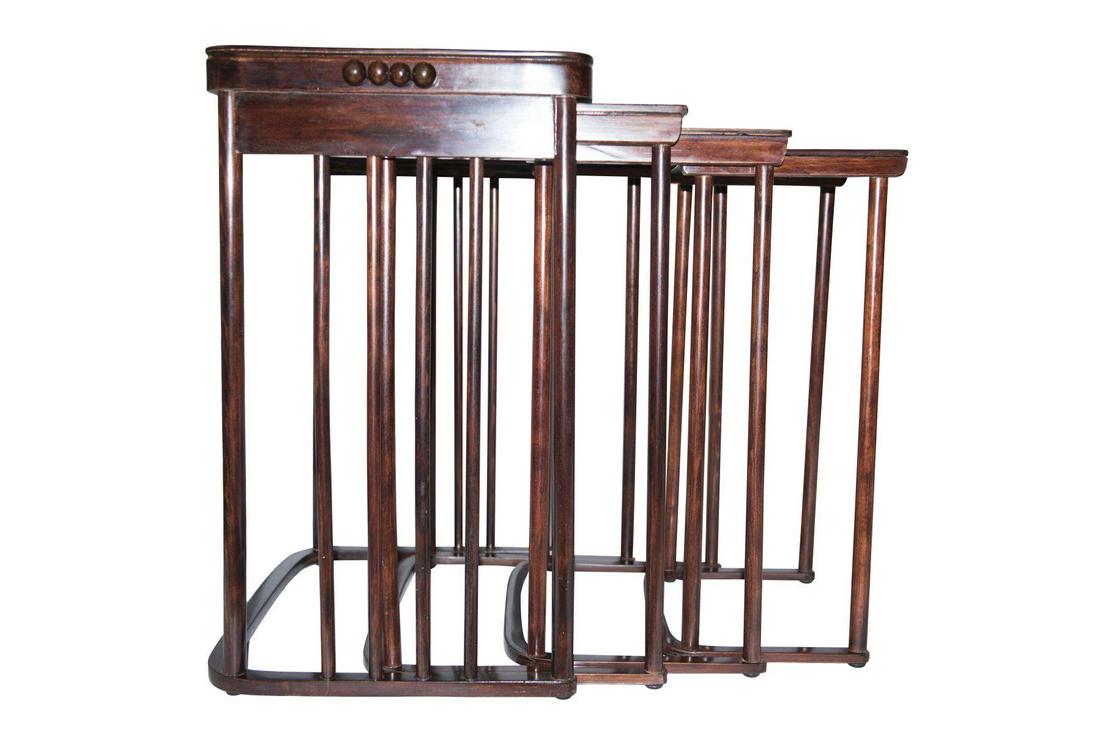 Jacob Josef Kohn, Set of 4 Side Tables, Vienna, Around: Jacob Josef Kohn, set of 4 side tables, Vienna, around 1900, 4 side tables that slide into each other, designed by "Josef Hoffmann Wiener Werkstätte," model No. 986, beech wood, stained mahogany,