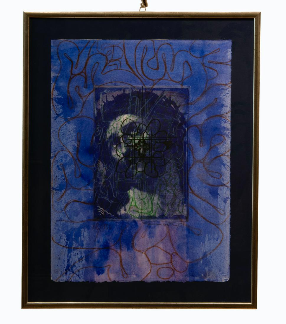 Hermann Nitsch * , Jesus in Blue | Hermann Nitsch * , Jesus in Blau: Hermann Nitsch * (1938), Jesus in Blue, handsigned: Nitsch, dated: 04, numbered: 68/150, etching and lithograph on wove paper, framed in glass frame 63 x 50 cm. *this lot is subject to the resale righ