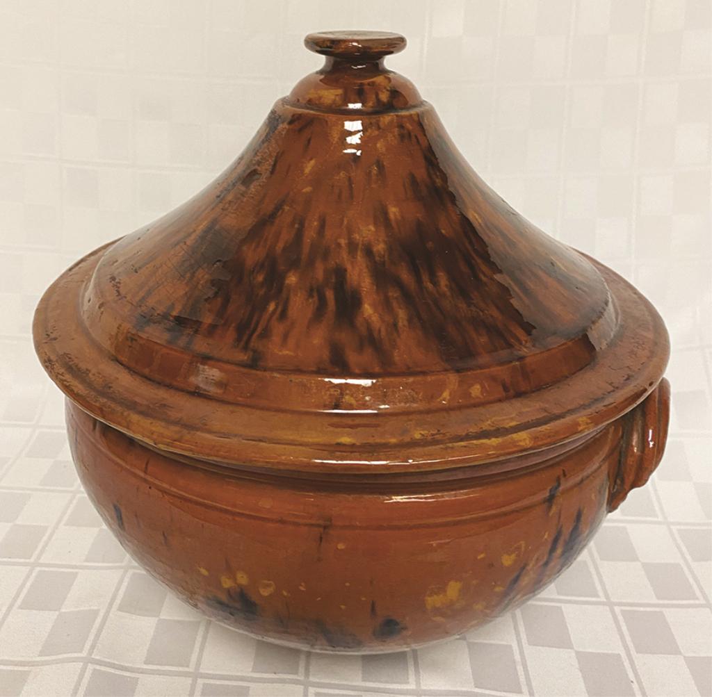 Large Splash Decorated, Two-Handled Redware Bowl with (1 of 1)