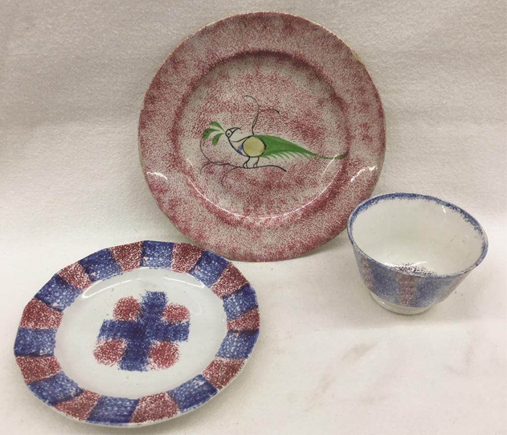 Three Piece Spatterware: Peafowl Plate: 7.5" Dia. Cup: (1 of 1)