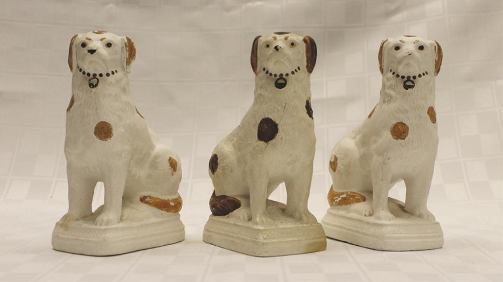 Set of Three Chalk Spaniels: each 6.5" H x 4.25" W: Condition: Good with minor losses to glaze