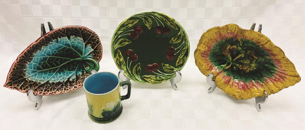 Four Pieces of Majolica: Mug 3.375" H, Cherry Plate (1 of 1)