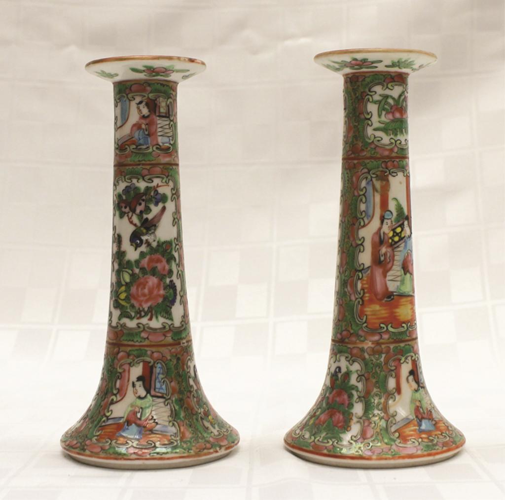 Pair of Famille Rose Porcelain Candlesticks 7" H (1 of 1)