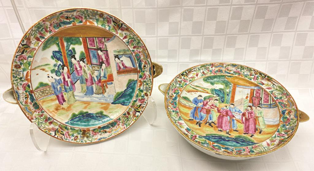 Pair of Famille Rose Canton Hot Water Plates Each 9.5" (1 of 1)