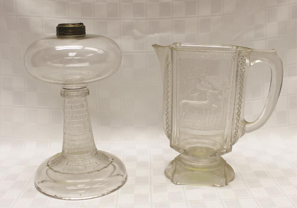 Two Piece Pressed Glass: Lamp: 10" H x 6" W and (1 of 1)