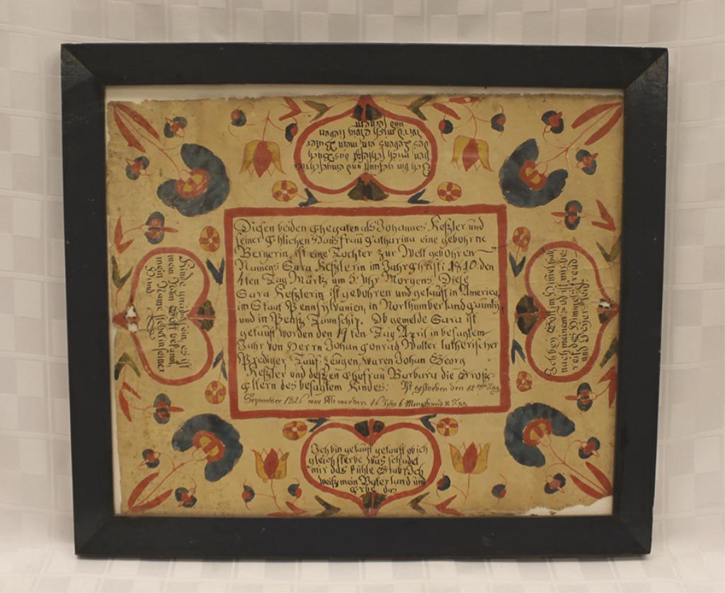 Martin Brechall (Southeastern PA, active 1783-1830: Watercolor and Ink on Paper Fraktur for Sara Kessler, the Central Script (Translated to English on Back) Bordered by Hearts with Religious Verses in each. (These are also translated on back of work.) 