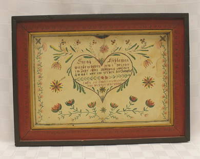 Berks or possibly Lancaster County, PA Fraktur: Watercolor on Paper Birth Certificate Dated 1828 for Sarah Eschleman with a Central Heart surrounded by Floral Vines, size 8" x 12.5" with Frame 11.625" x 15.875" Condition: Trace dampstaining along r