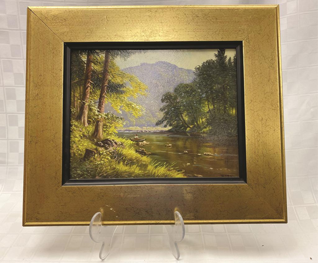 A Stream with Canoe, Oil on Masonite By German Artist: By German Artist A.J. Horn (Born in Munich in 1932), 9.25" x 11.75" with Frame 15" x 17.5" Condition: Good