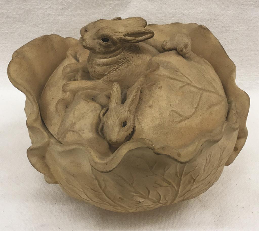 Pottery Rabbit Piece with Cover in the Form of a Head: in the Form of a Head of Lettuce 6" H x 7.25" W Condition: Both good