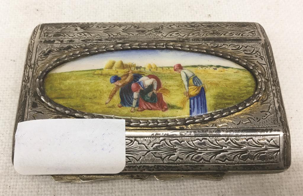 Early Engraved Sterling Compact with Handpainted: with Handpainted Porcelain Lid 3" x 2" Condition: Good