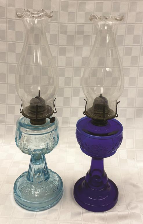 Two Pressed Glass Oil Lamps One Aqua Blue: 5" W x 16" H (1 of 1)