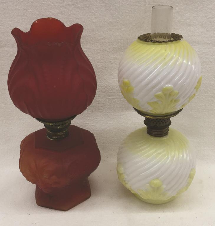 Two Small Oil Lamps: Red Satin and Milk Glass with (1 of 1)