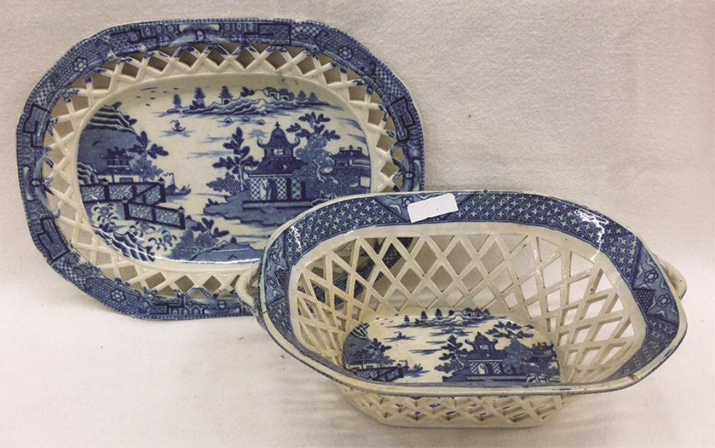 Two Piece Staffordshire Transfer Blue Basket and (1 of 1)
