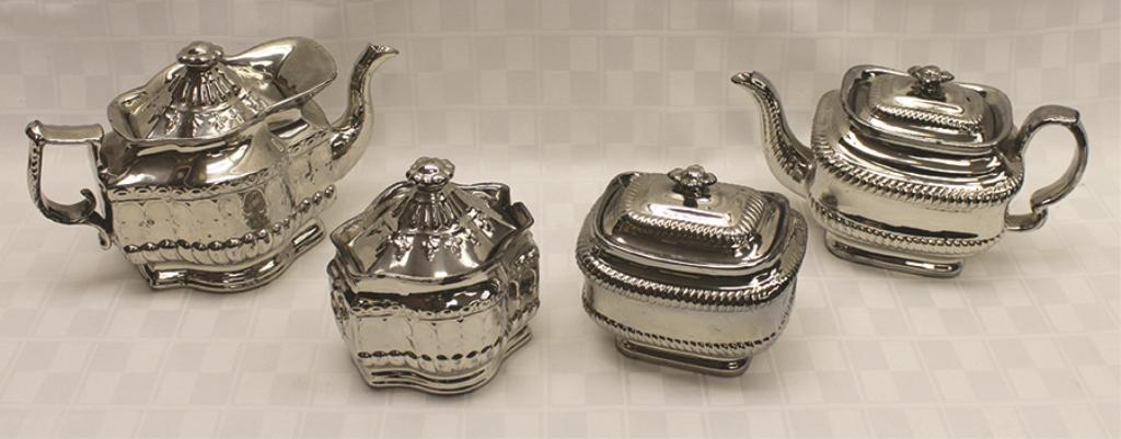 Four Pieces of Silver Lustreware Face Jug with Pour: Face Jug with Pour Spout ranging in size from 5" W to 10" W (including handle and spout) Condition: Good