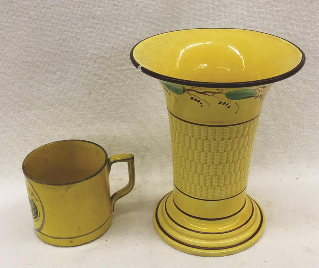 Canary Lustre 2.5" Cup and 5.875" Vase Condition: Both: Condition: Both damaged