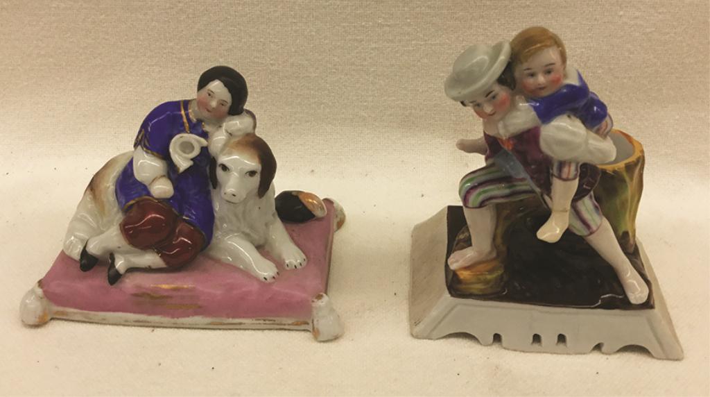 Set of Two China Match Holders Hinged Lids 4.25" x: 4.25" x 3.5" Condition: Good