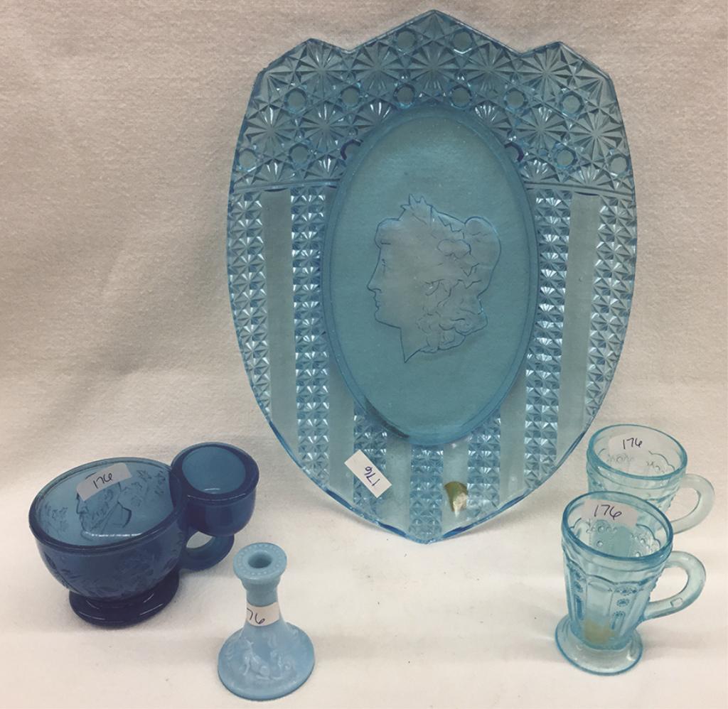 5 Pieces of Blue Glassware: Shield Plate: 12.5" L (1 of 1)