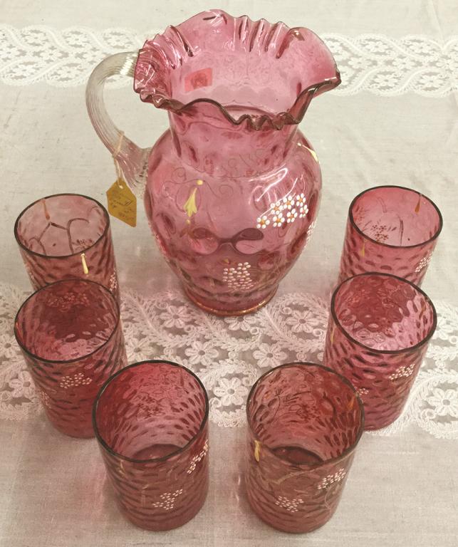 Seven Piece Victorian Cranberry Water Set Pitcher: (1 of 1)