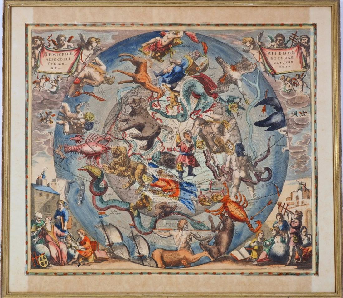 Colored engraving star map with zodiac signs, from (1 of 5)