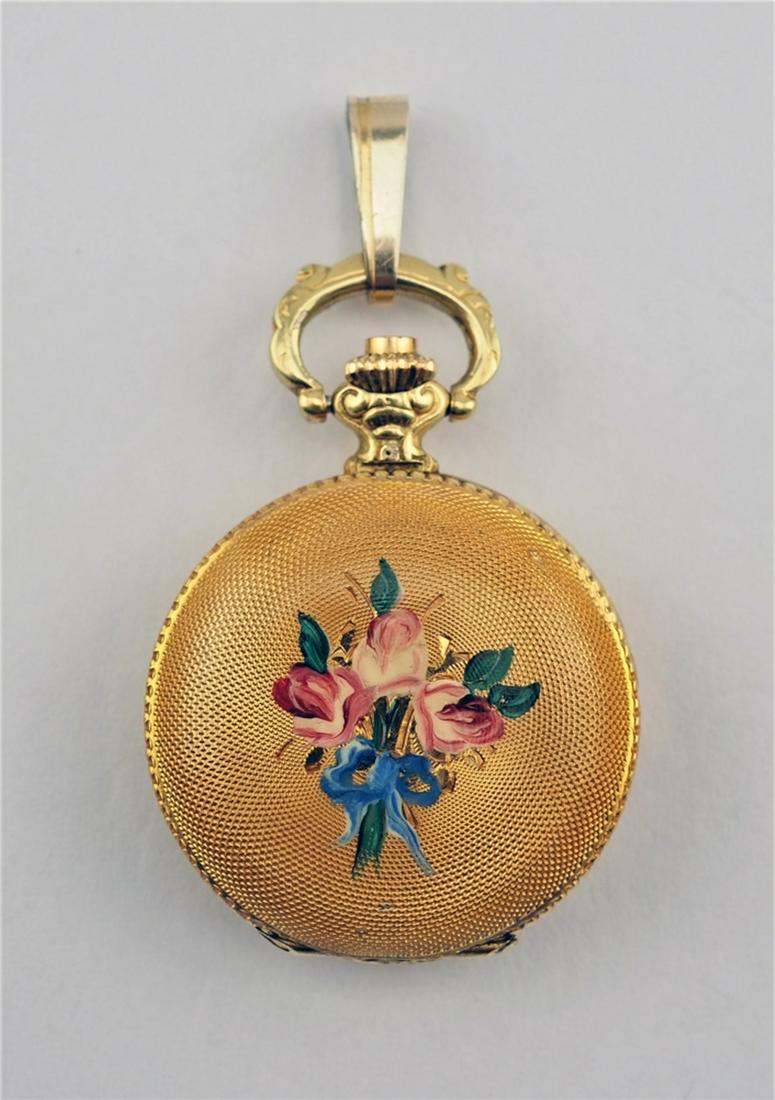 Ladies pendant watch, Uhlmann: Ladies pendant watch, Uhlmann Gold colored, enamel painting with flower motif on the lid, flowers and rocaille decorations on the rim and eyelet. White dial with Arabic numerals inscribed Uhlmann Gene