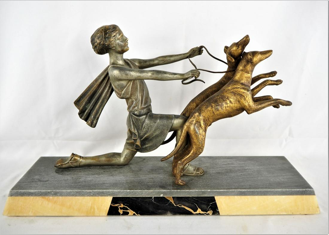 Art Deco female figure with dogs around 1930, marble (1 of 4)