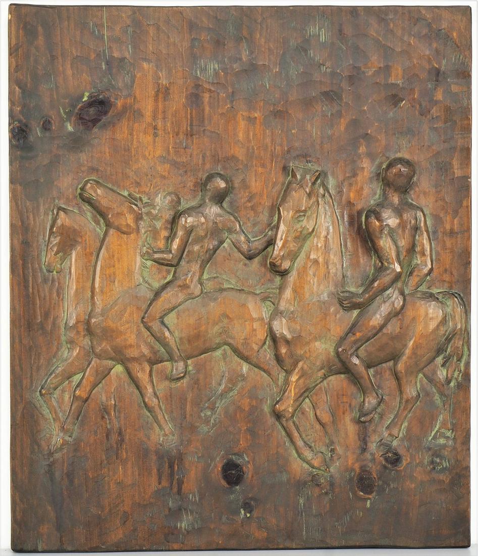 Wooden relief after Edwin Scharff.: Wooden relief after Edwin Scharff.Representation of a group of horsemen after Edwin Scharff's bronze relief from 1920. Monogrammed JG and dated 1978 on the back. Good, used condition. H. 70cm, w. 58cm