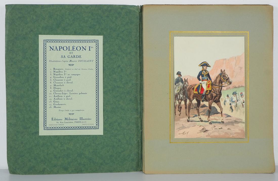 Portfolio of colored lithographs Napoleon and Guard,: Portfolio of colored lithographs Napoleon and Guard, after Maurice Toussaint, early 20th century.Cardboard portfolio, front with inscription in gold "Napoleon 1er et sa Garde" and coat of arms, inside