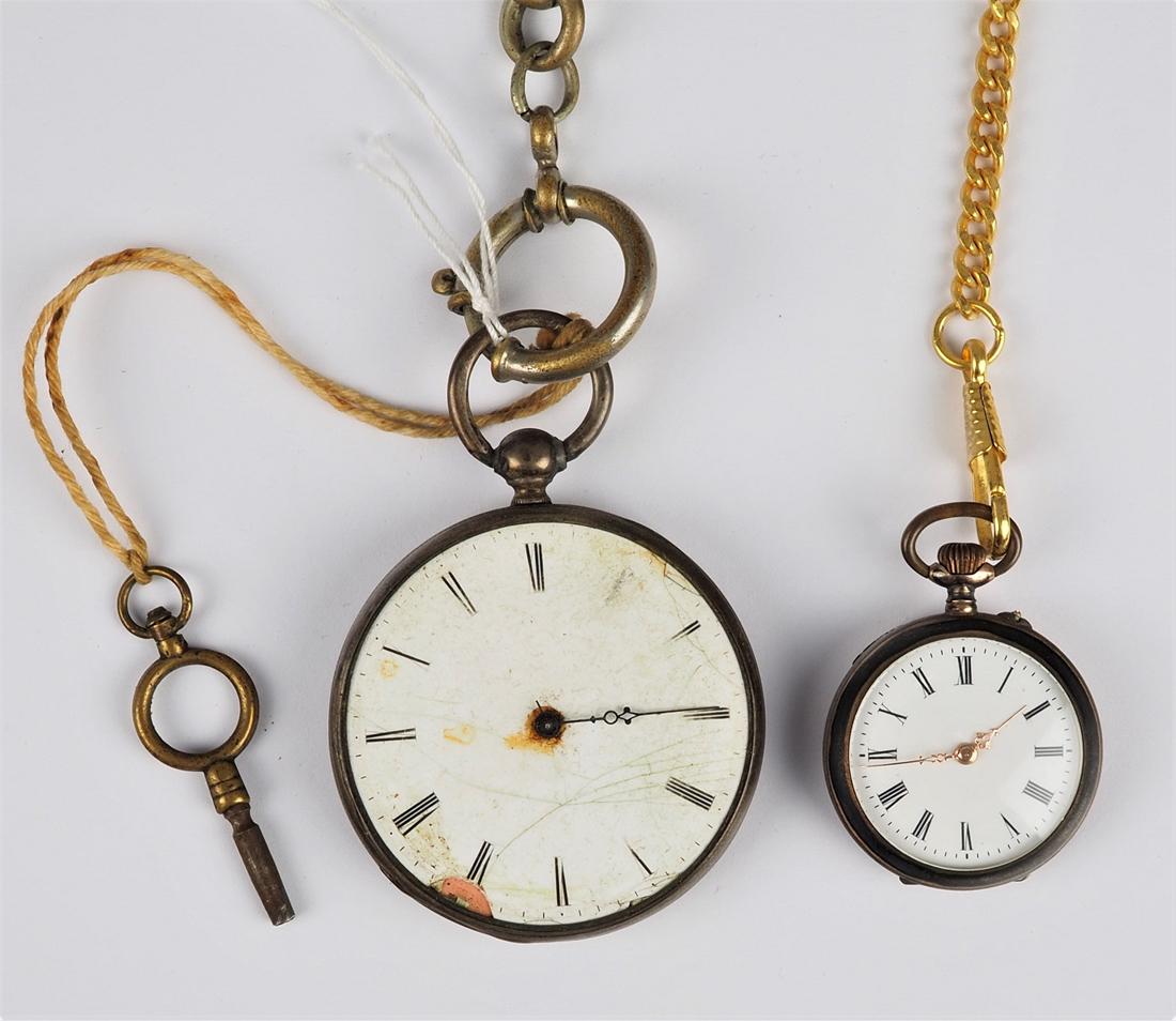 Two pocket watches: Two pocket watchesa men's pocket watch in silver case with key winding, Ã˜ 5cm, parts donor or for mending; and a ladies neck watch in silver case, outside tarnished, inside like new, enameled dial 