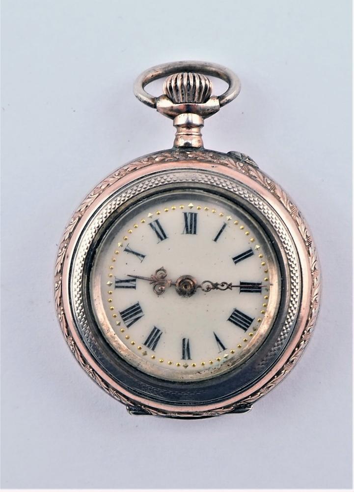 Ladies neck watch around 1880: Ladies neck watch around 1880Case made of silver, hallmarked 800, crescent and crown as well as master hallmark, also dust cover. Beautifully decorated case, both lid edges gilded. Enameled dial with