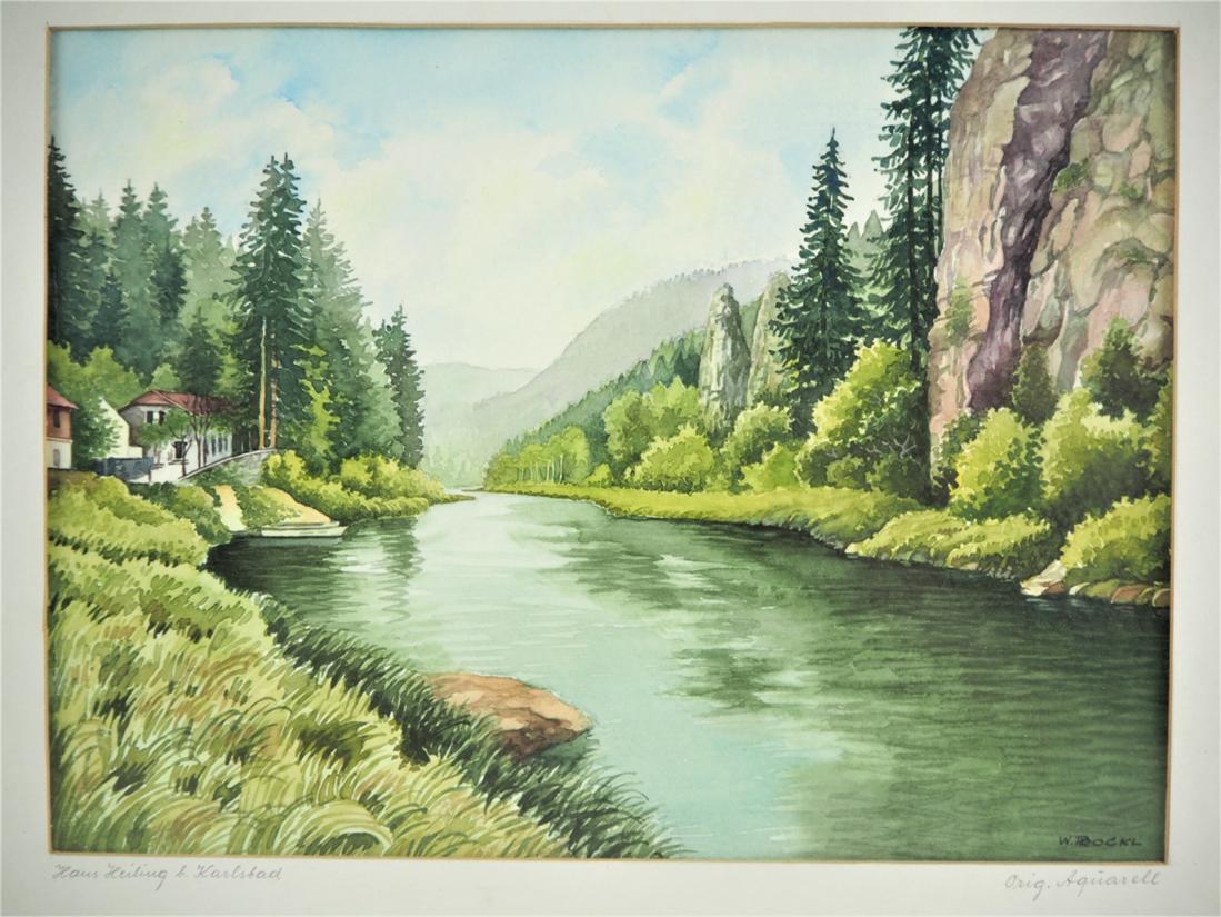 W. ROCKL - "Hans-Heiling near Karlsbad" orig.: W. ROCKL - "Hans-Heiling near Karlsbad" orig. watercolorWatercolor in mat, framed under glass. View of Hans-Heiling-Felsen near Karlsbad. Signed lower right "W. Rockl". m.R: H.38.5cm, W.47.5cm, image 