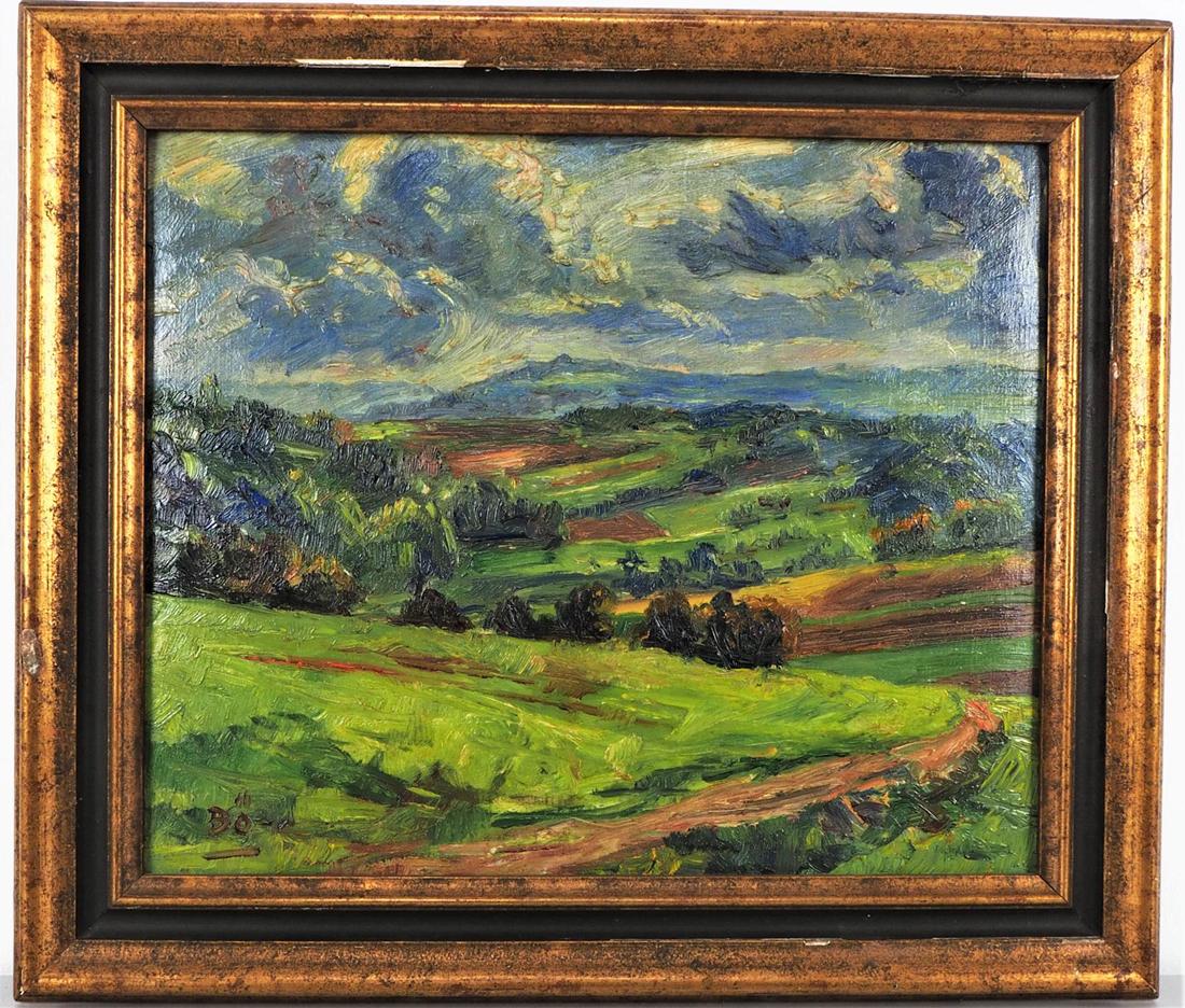 Emil Paul BÃ¶rner (1888-1970, Meissen) - Landscape with: Emil Paul BÃ¶rner (1888-1970, Meissen) - Landscape with fields.Studied at the Dresden Art Academy, also worked for the Meissen Porcelain Manufactory. Oil on panel. Pasty application of paint, colorf