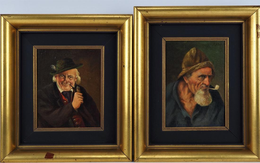 Mixed paintings in gold frame - sign. "F. Schmidt": Mixed paintings in gold frame - sign. "F. Schmidt"Oil on wood. Portraits of gentlemen, one of a fisherman with a pipe, one of a farmer with a pipe. Signed upper right. Good condition, few traces of us