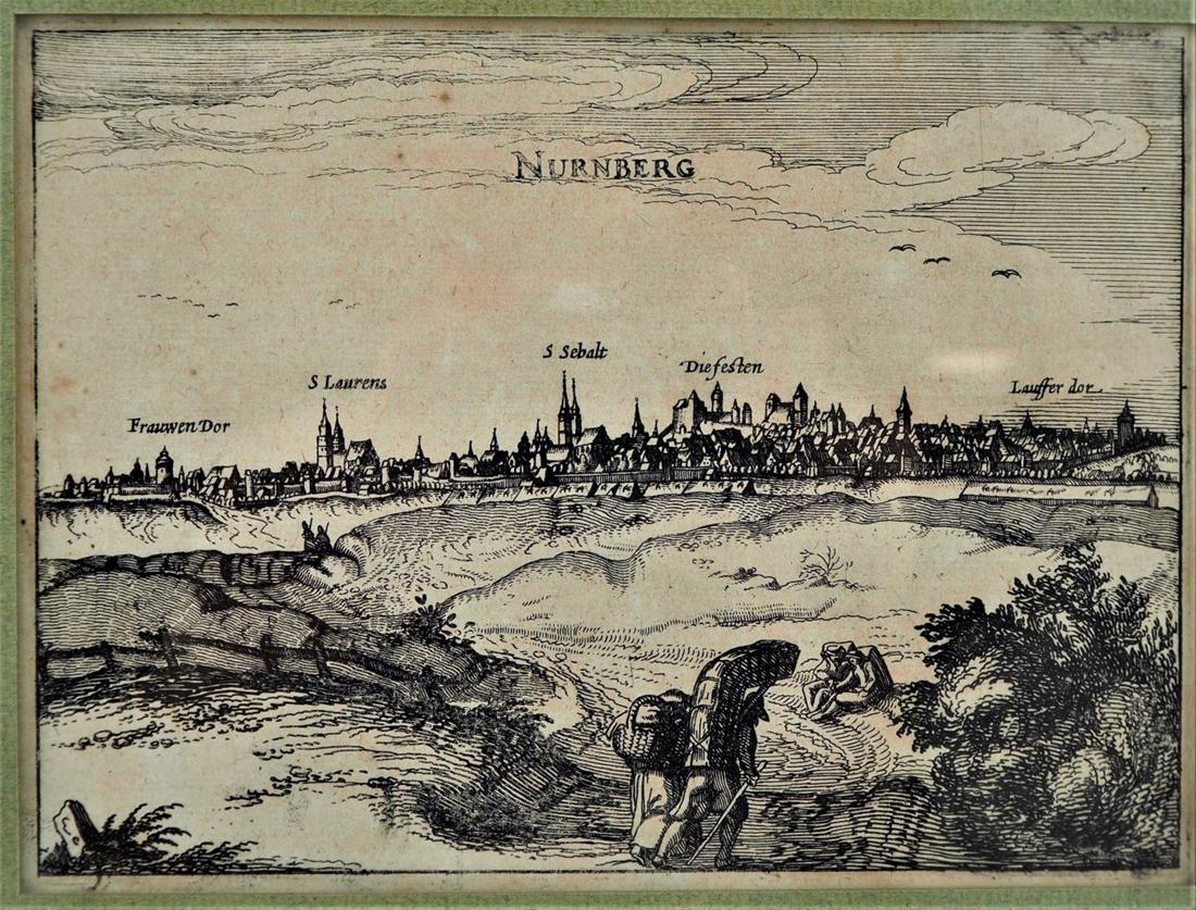 Copperplate engraving Nuremberg 1613: Copperplate engraving Nuremberg 1613framed under glass, with expertise on the backKupferstich NÃ¼rnberg 1613unter Glas gerahmt, mit rÃ¼ckseitiger Expertise
