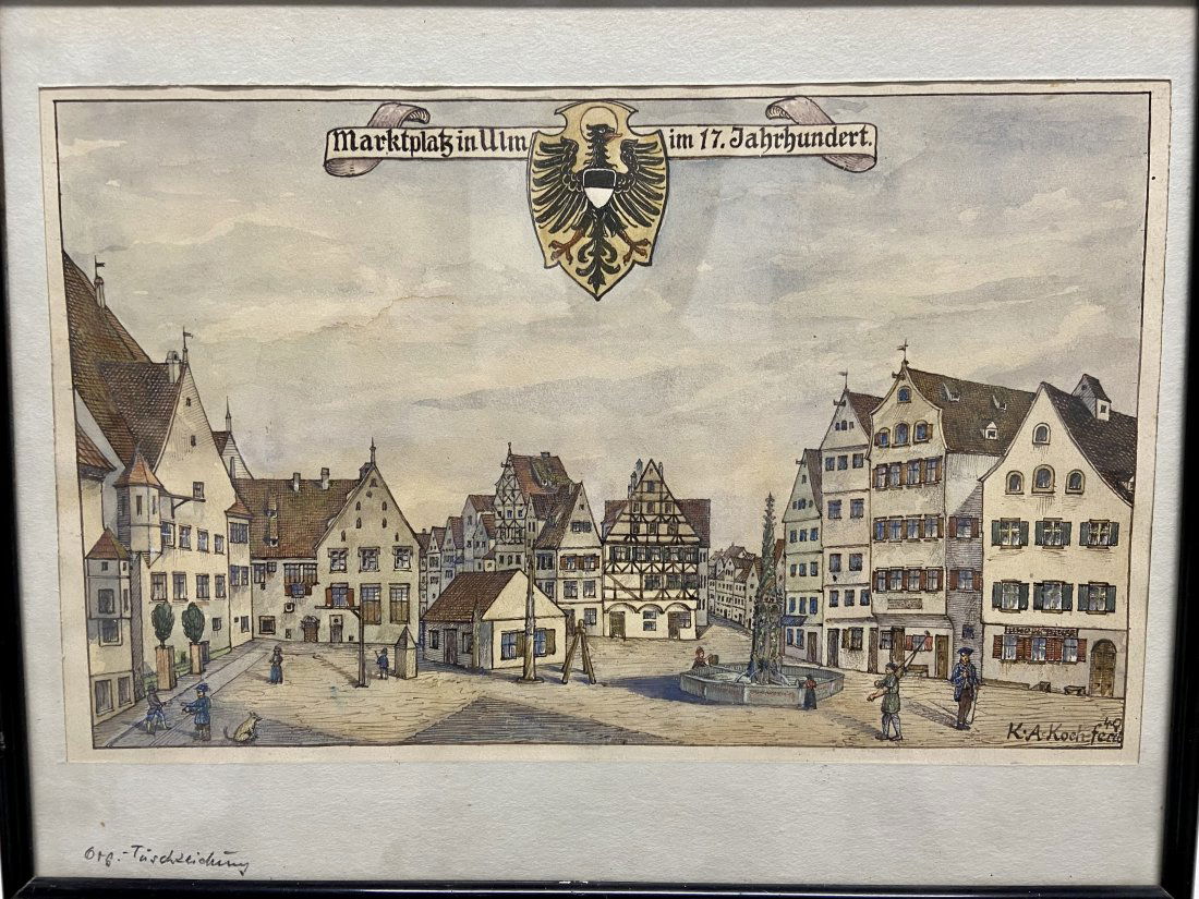 K.A. Koch - Ulm market place in the 17th century, 1940.: K.A. Koch - Ulm market place in the 17th century, 1940. Fine, colored pen and ink drawing on paper. Depiction of Ulm's market square, looking east from the town hall. Top with city coat of arms. Signe