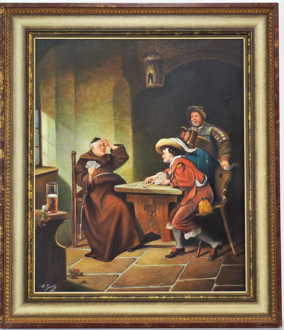 Mia Geitz - painting monk playing cards: Mia Geitz - painting monk playing cards Oil on canvas, humorous depiction, probably after old dutch master. Signed lower left. Framed. Good condition. H. 75cm, w. 64cm. Mia Geitz - Gemälde Mö