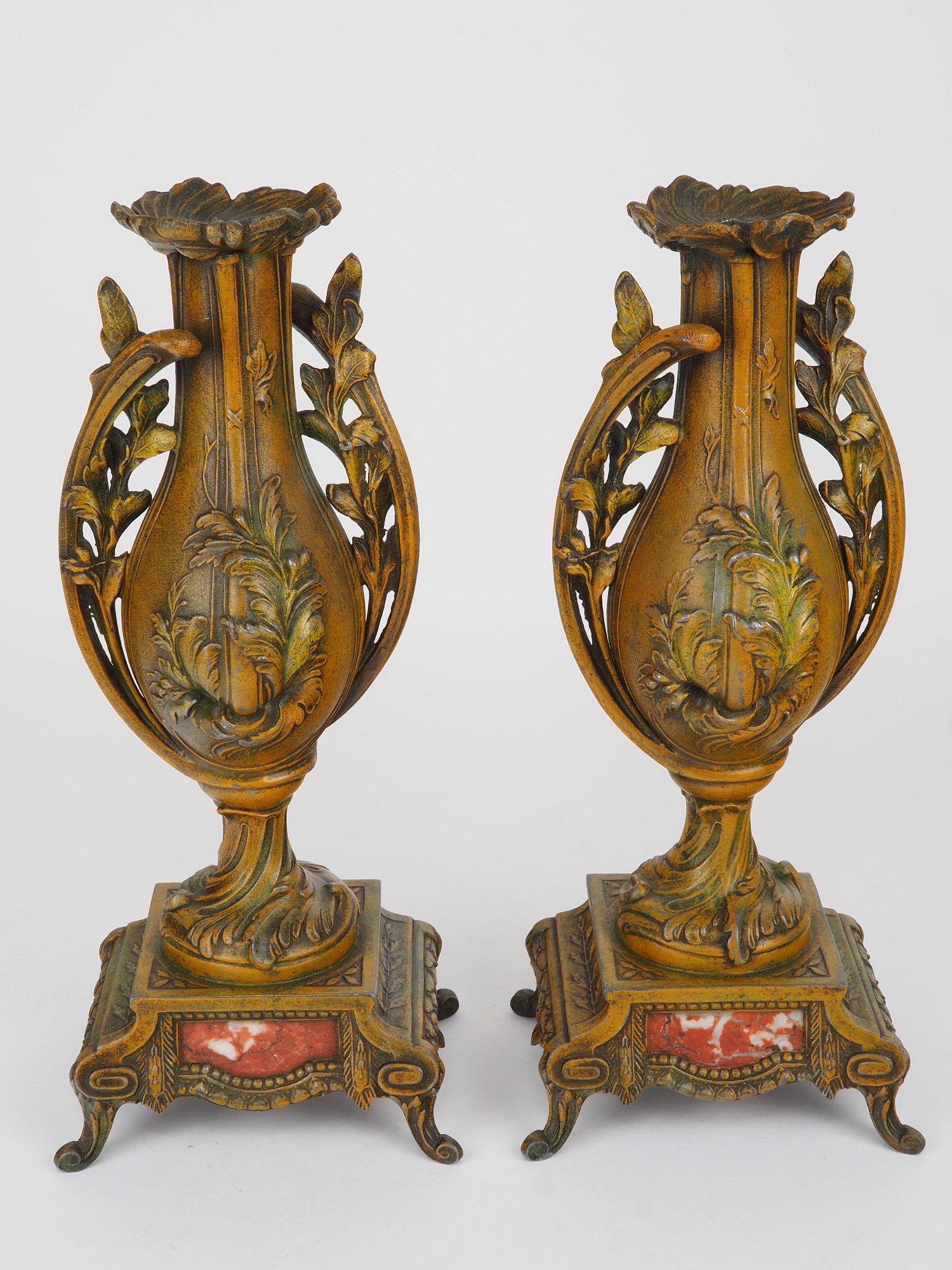 Pair of side plates/vases around 1880: Pair of side plates/vases around 1880 made of metal, brownish patinated, decorated with flowers and vines. Square stand on four outward standing feet, front with small marble inlay. France around 1880