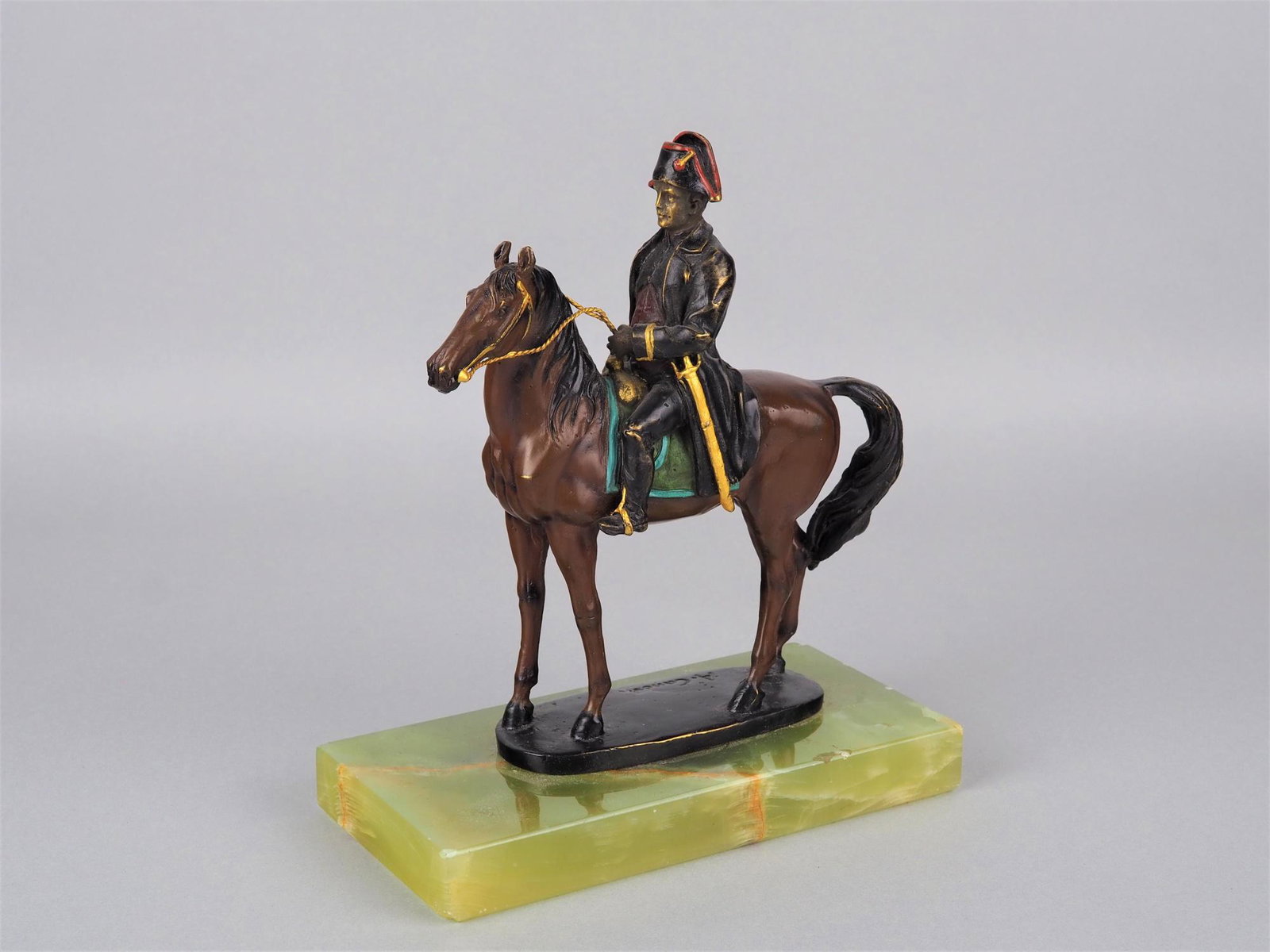 Bronze figure Napoleon on horseback, after Antonio Canova: Bronze figure Napoleon on horseback, after Antonio Canova small bronze sculpture, depicting Napoleon on horseback, on plinth sign. A. Canova. Partly colored. screwed on marble base. probably 20th c., 
