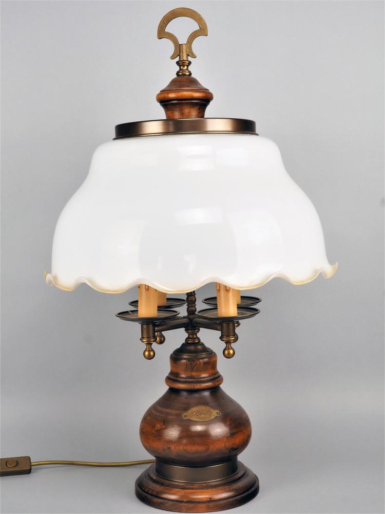 Large table lamp: Large table lamp Heavy stand made of profiled walnut wood, in it attached metal mount (probably bronze) with holder for four burners with sockets E 14 in the design of candles. In the upper part with 