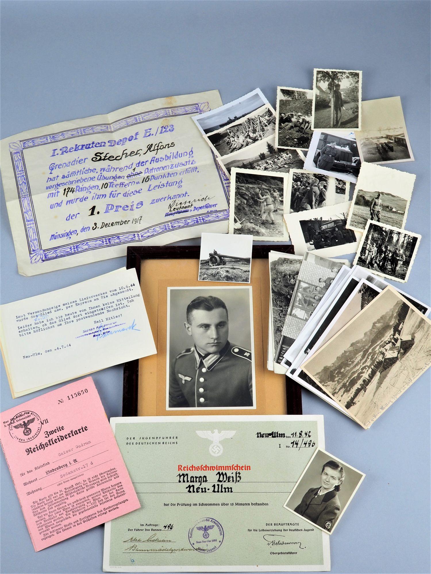 WW1 & 2: mixed lot documents, postcards and photos, German Reich: WW1 & 2: mixed lot documents, postcards and photos, German Reich A Reich swimming certificate Marga Weiss, Neu-Ulm, 1942; A framed soldier portrait (35th Infantry Division), frame size 18x24cm; An awa