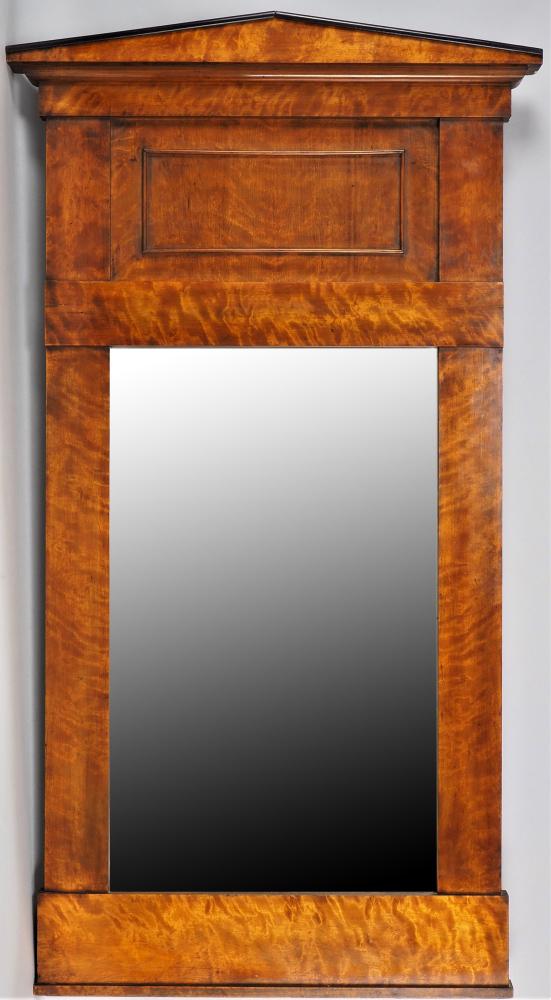 Large Biedermeier mirror around 1830: Large Biedermeier mirror around 1830 Wide wooden frame veneered with birch burl veneer. Straight corpus, in the upper part with a framed filling and black stepped pointed gable. Mirror glass intact. U