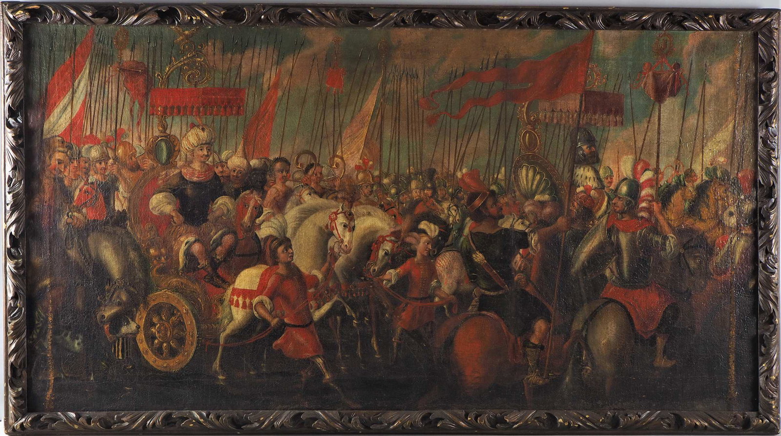 Big Baroque painting Suleiman I and Charles V, probably 17th c.: Big Baroque painting Suleiman I and Charles V, probably 17th c.early baroque painting from the 17th century or earlier, , Oil on canvas, mounted on wood. Depicting a diplomatic meeting between the hos